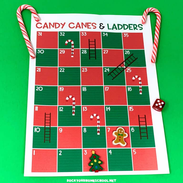 Example of free printable Christmas game of candy canes and ladders with dice.