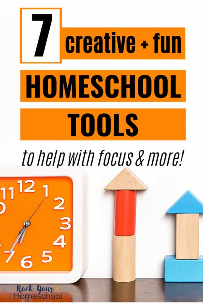 Orange analog clock and colorful blocks to feature how these 7 creative and fun homeschool tools can help your kids focus their attention and more