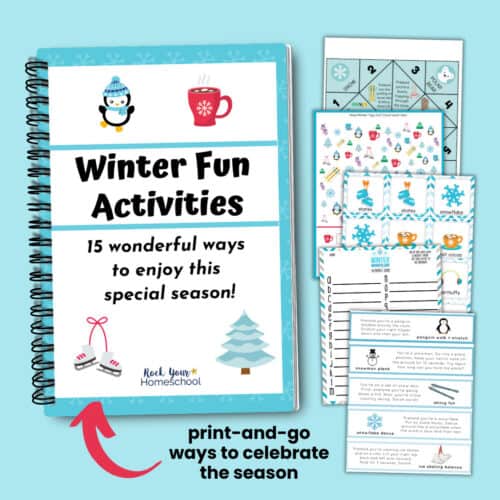 Winter Fun Activities cover with examples of printable activities like winter cootie catcher, winter I Spy, winter memory game, winter alphabet game, and winter writing prompts.