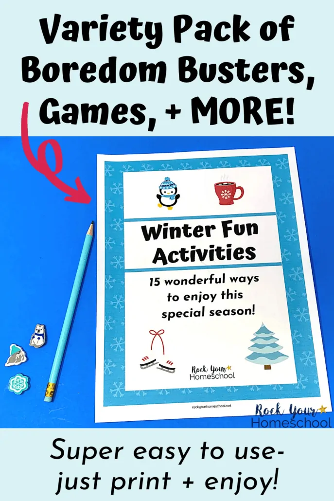 Winter Fun Activities pack cover &amp; light blue pencil to feature the amazing fun your kids will have with this variety of boredom busters, games, &amp; more