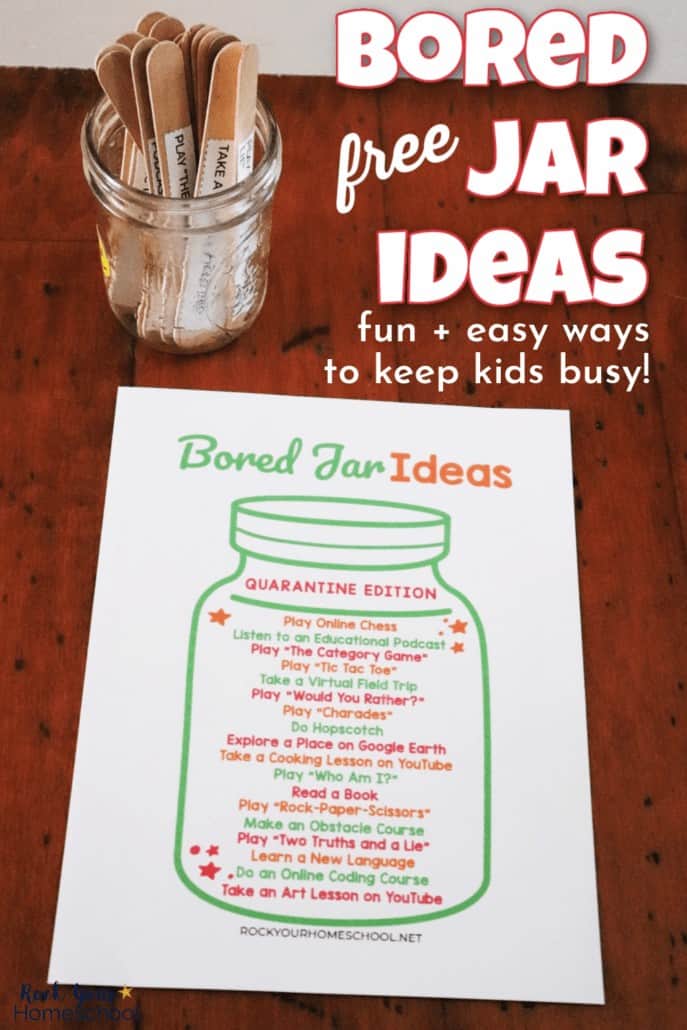 Bored jar printable list and jar filled with woodcraft sticks with bored jar ideas on them to feature how you can easily use this free printable pack to help your kids keep busy & happy