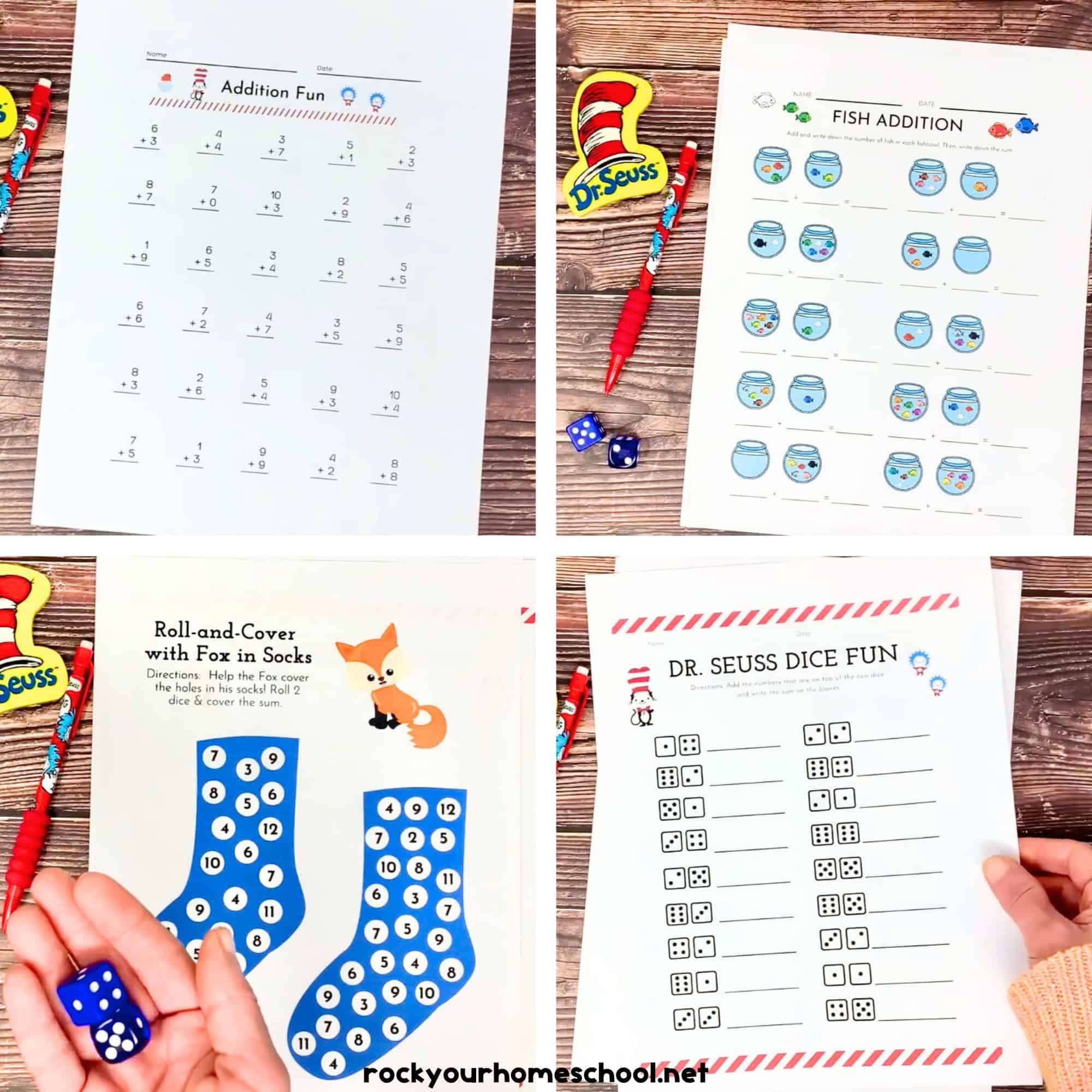 Four examples of free printable Dr. Seuss worksheets for math fun with dice and addition.