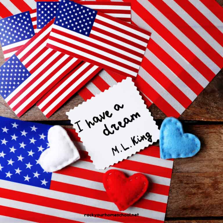 Small American flags with white, red, and light blue felt hearts and I have a dream quote by Martin Luther King Jr.