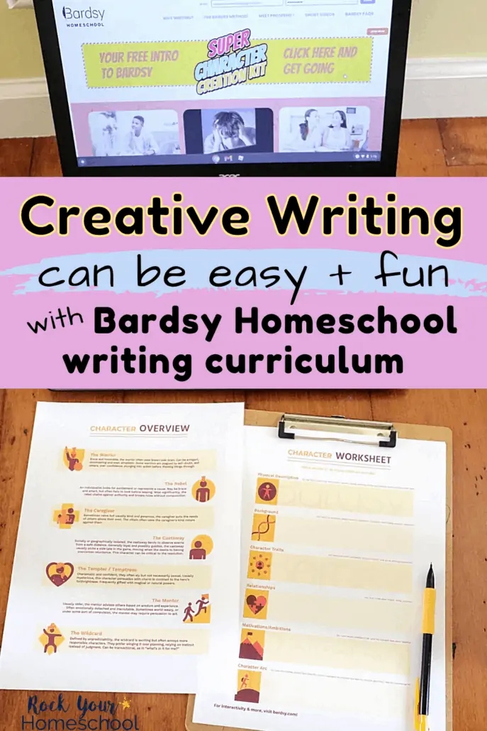 Bardsy Homeschool home page with free Super Character Development kit and two Character Development printable writing activities to feature how this homeschool writing curriculum can make teaching creative writing fun &amp; easy