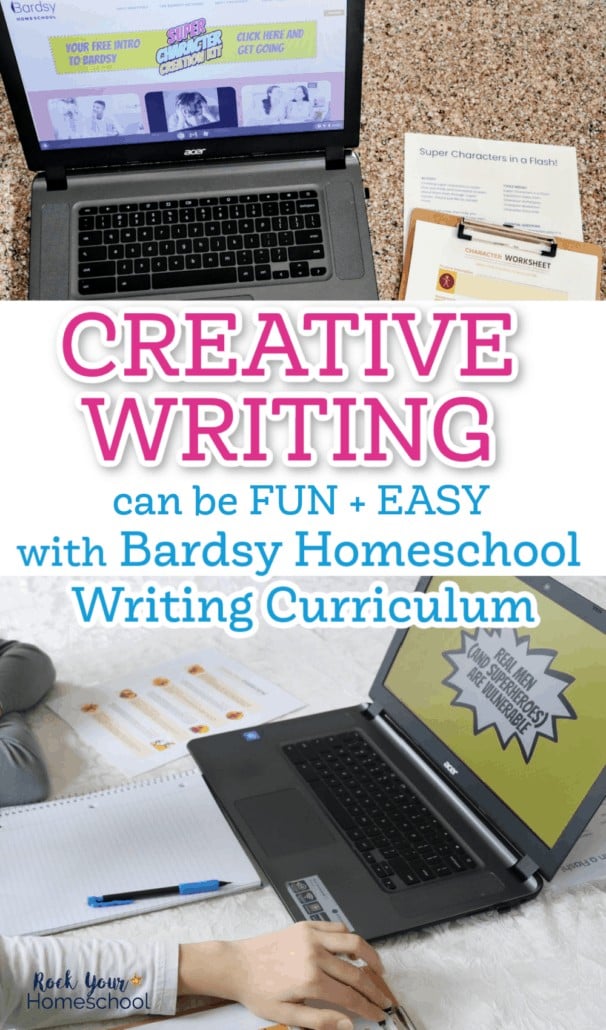 Bardsy Homeschool home page with Super Character Development kit offer and two character development printable activities and boy watching creative writing video lesson to feature how this homeschool writing curriculum makes teaching creative writing fun &amp; exciting