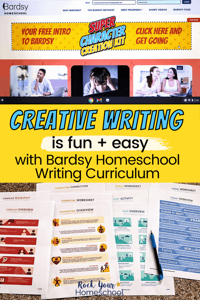 Bardsy Homeschool home page with Super Character Devleopment kit offer and printable writing activities and worksheets to feature how teaching creative writing is fun and easy with this homeschool writing curriculum