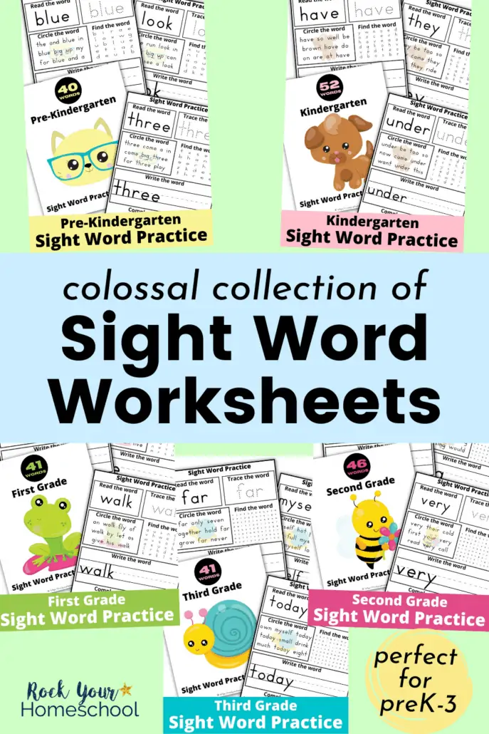 5 sets of sight word worksheets for pre-Kindergarten, Kindergarten, first grade, second grade, and third grade to feature how you can make learning these important words fun &amp; easy for your kids