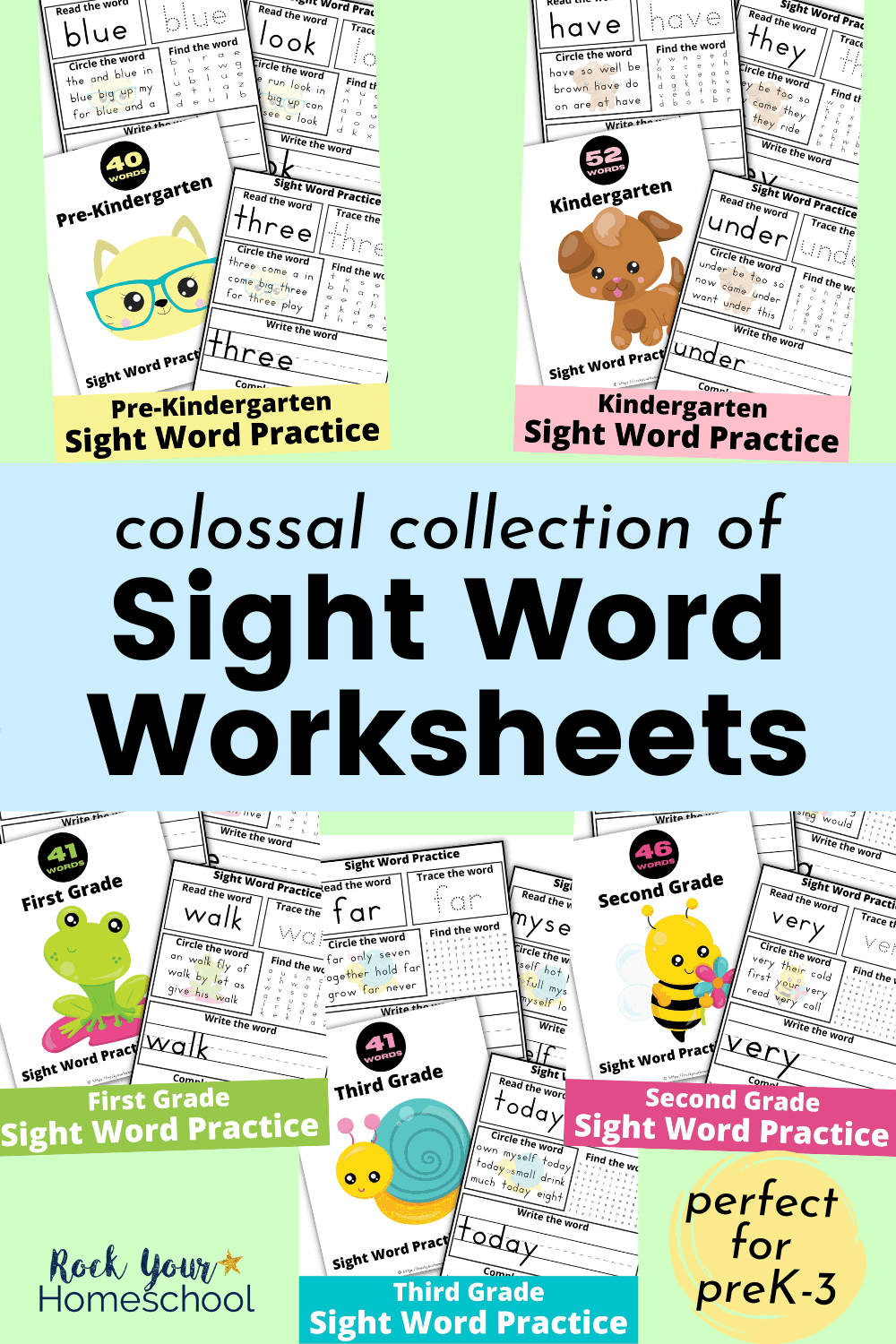 5 sets of sight word worksheets for pre-Kindergarten, Kindergarten, first grade, second grade, and third grade to feature how you can make learning these important words fun & easy for your kids