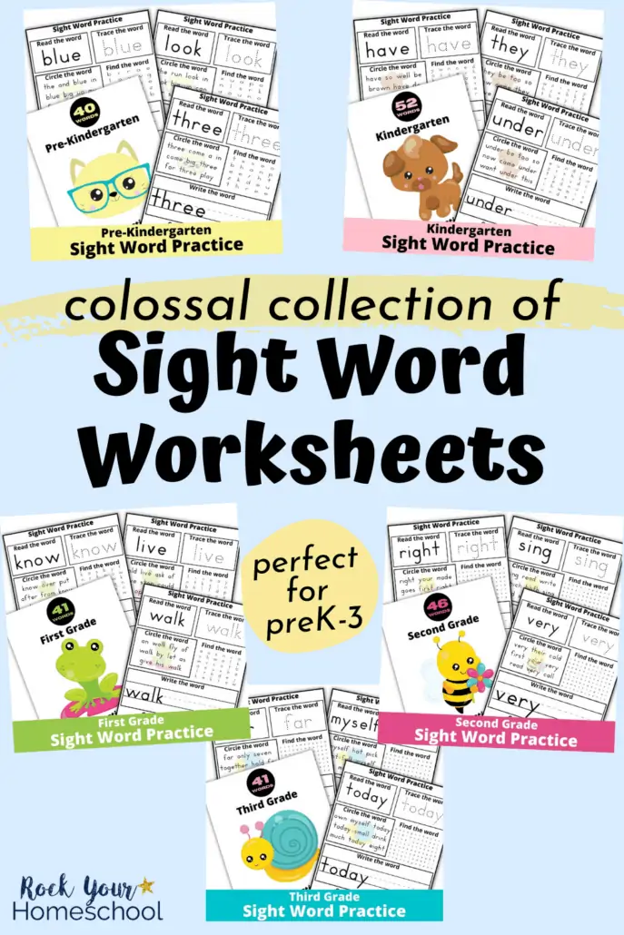 Collection of sight word worksheets for pre-Kindergarten, Kindergarten, first grade, second grade, and third grade to feature how you can easily boost sight word practice with these activities