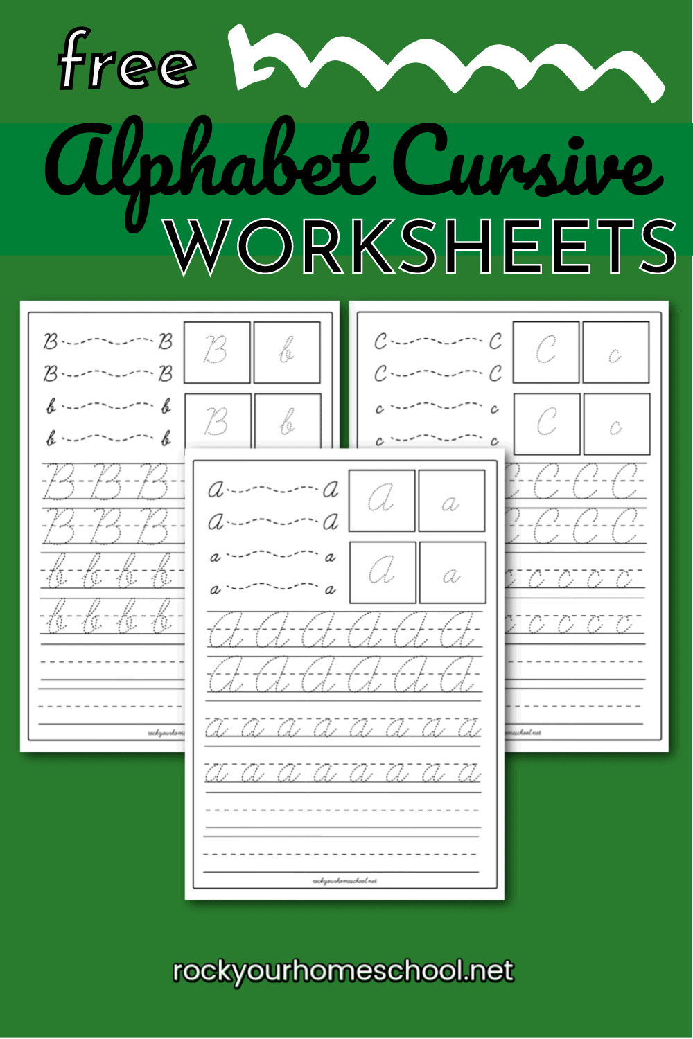Alphabet cursive worksheets in the letters A, B, and C to feature the amazing handwriting practice your kids will get with these 26 free alphabet cursive worksheets