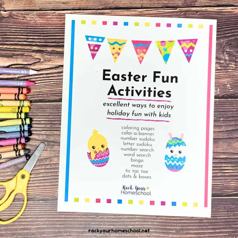 Cover of Easter Fun Activities pack with crayons and scissors.