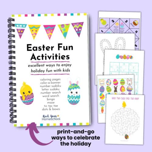 Fun Easter Activities Pack for Kids cover with printable activities like Easter cootie catcher, Easter coloring page, Easter sudoku, Easter bingo cards, and Easter maze.