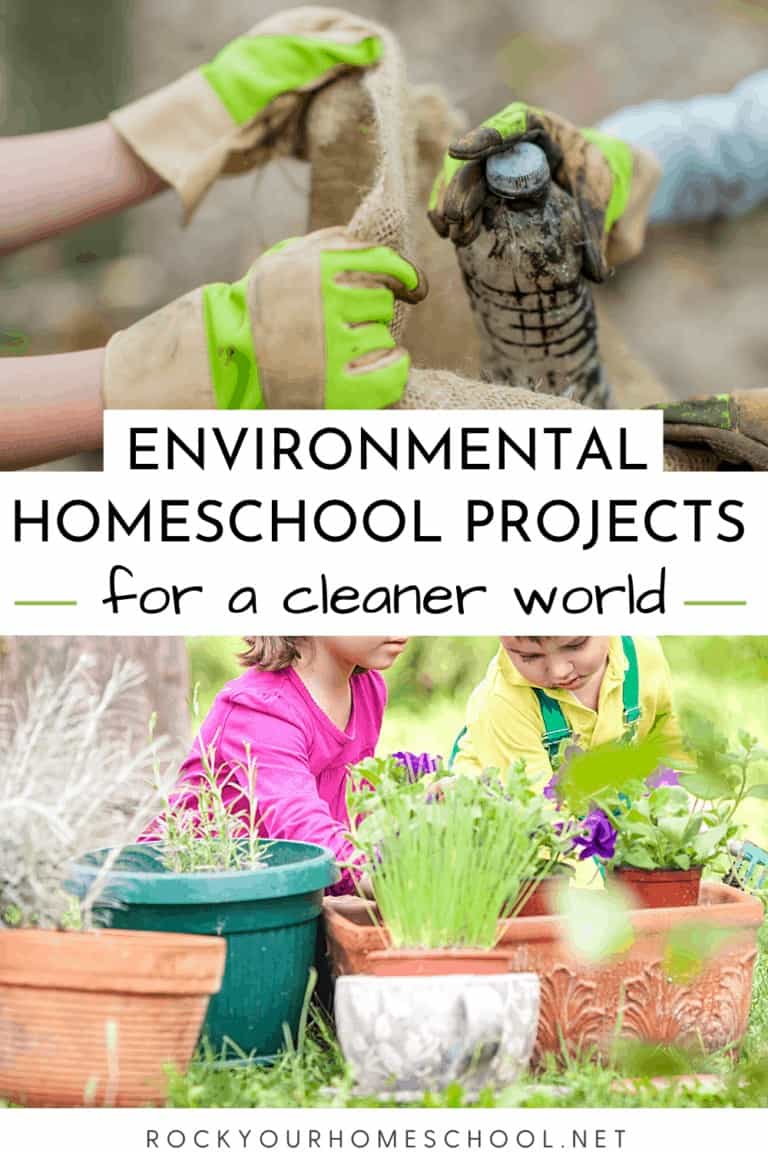Kids wearing gloves and picking up trash and kids working in a garden to feature these 6 excellent environmental homeschool projects for a cleaner world