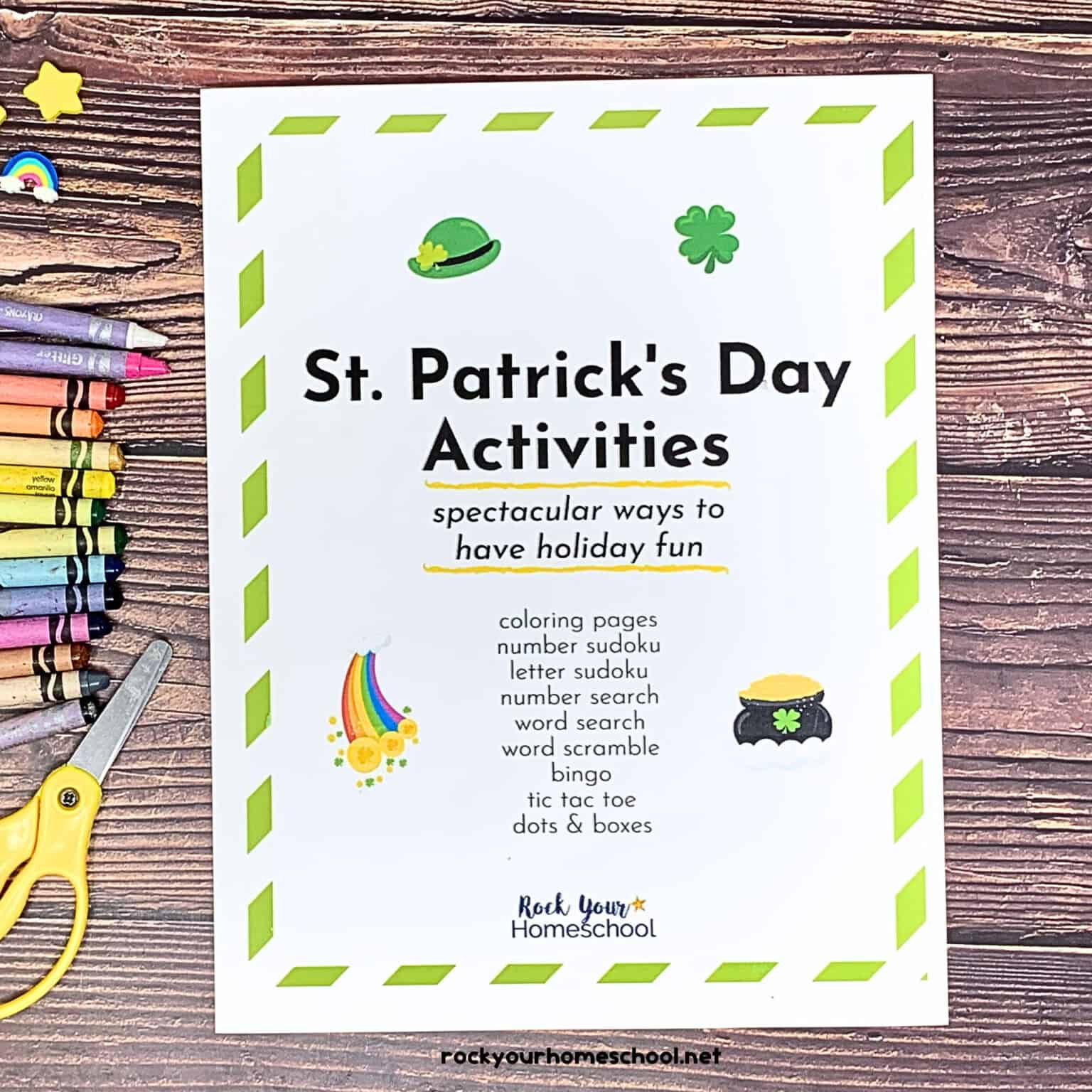 St. Patrick's Day Activities pack cover with crayons, scissors, and mini-erasers.