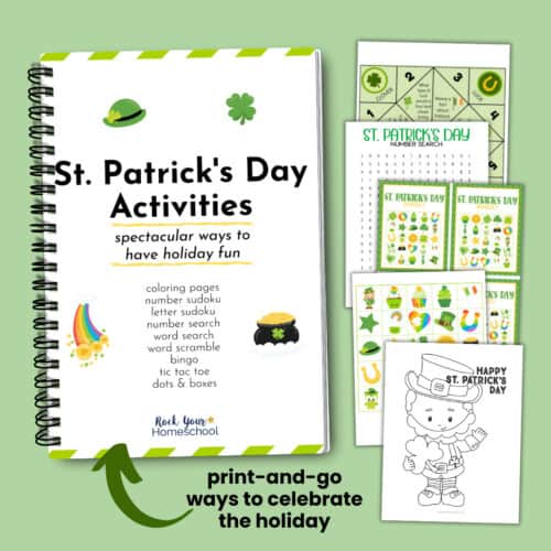 St. Patrick's Day Activities Pack cover with St. Patrick's Day cootie catcher, St. Patrick's Day number search, St. Patrick's Day bingo cards, and St. Patrick's Day coloring page.