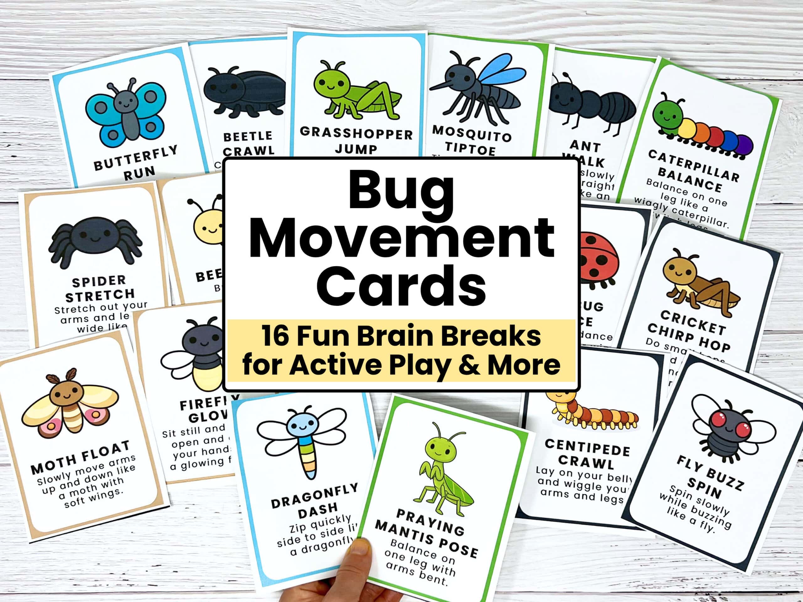 16 printable bug movement cards for kids.