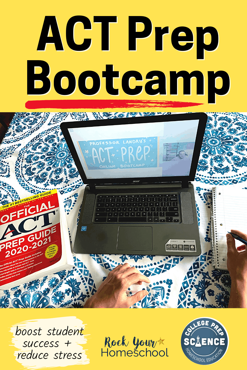 Teenage boy taking College Prep Science\'s ACT Prep Online Bootcamp with ACT Prep Guide to feature how you can help your student reduce test stress and boost confidence with this course