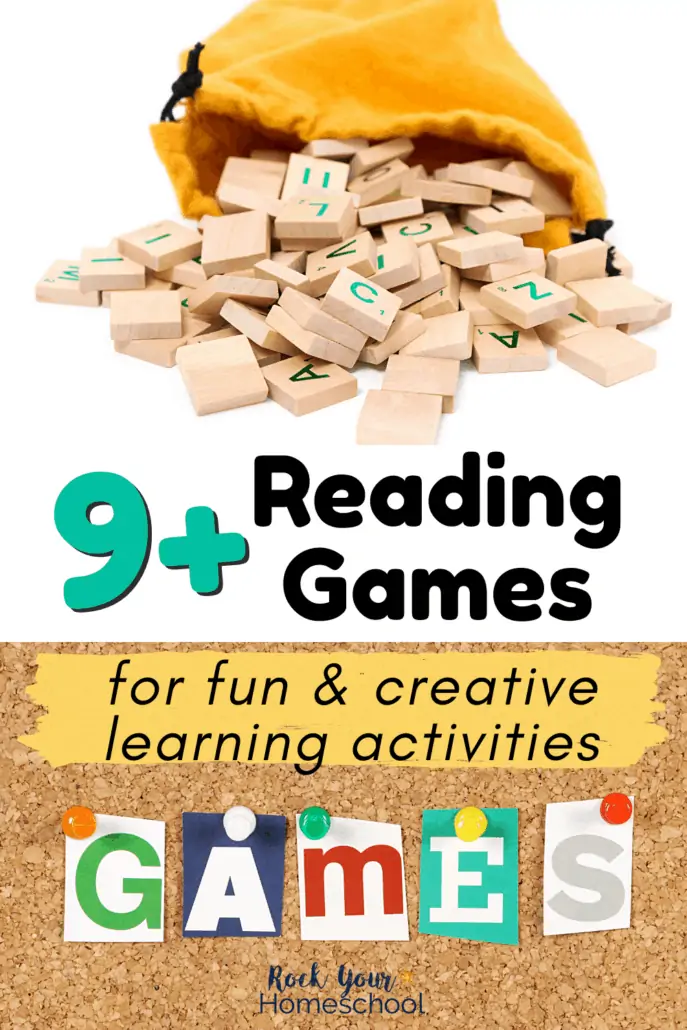 Yellow bag with letter tiles spilling out and corkboard with G-A-M-E-S with colorful pushpins to feature how you can use these 9+ fun reading games for creative learning activities for kids