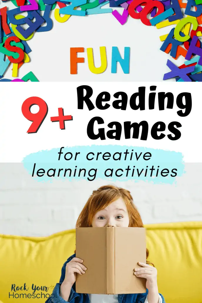 Colorful letter tiles with F-U-N spelled out and cute red-haired girl peeking out from book as she sits on yellow couch to feature how you can use these 9+ fun reading games and activities for creative learning