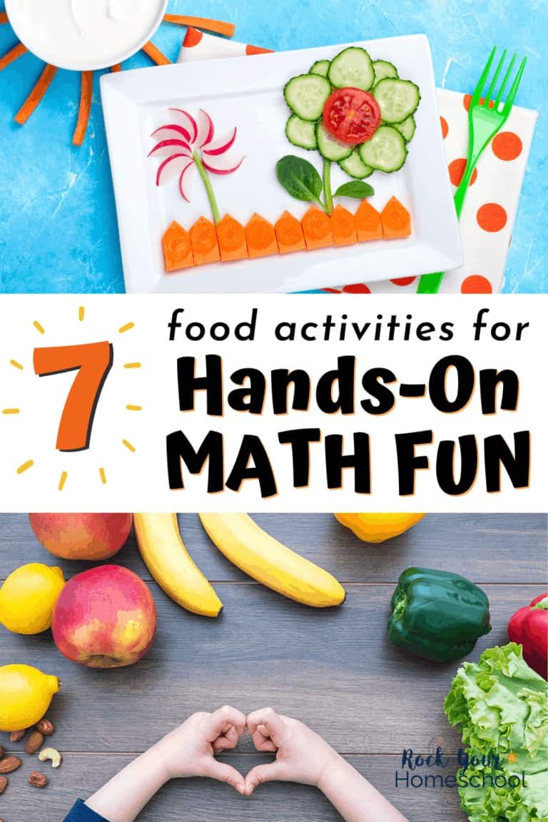 Cute picture using slices of cucumber, radish, carrots, & other vegetables with veggie dip and child making heart with fingers with fruits & veggies in background to feature how you can use these 7 food activities for hands-on math fun for kids