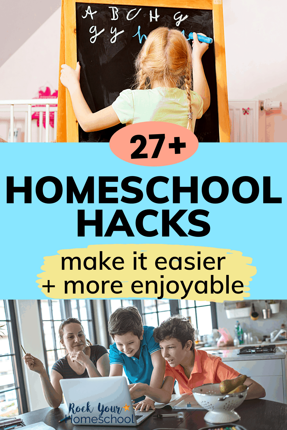 Girl writing on chalkboard with other kids watching and mom with her two sons looking at computer in kitchen to feature how you can use these 27+ homeschool hacks to make it more enjoyable and successful for all
