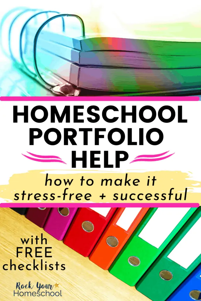 Binder with rainbow light and files in rainbow of colors to feature the amazing homeschool portfolio help you\'ll get with these tips, tricks, and information to make it stress-free and successful