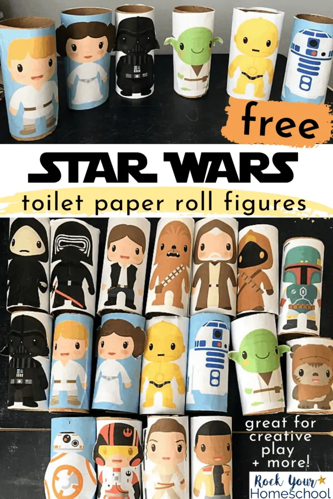 Cute Star Wars toilet paper roll figures of Luke, Leia, Darth Vader, Yoda, C-3P0, R2-D2, and more to feature the stellar fun your kids will have playing with these free Star Wars printables