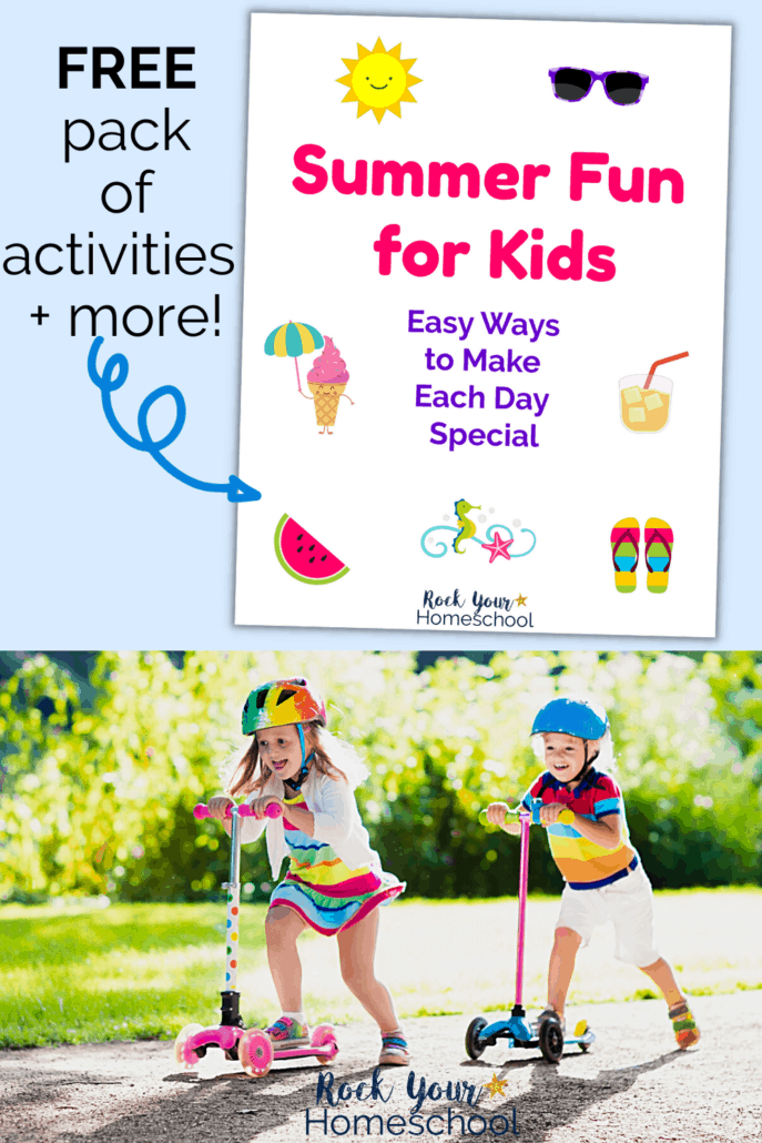 Summer Fun for Kids activity and planner pack cover and girl and boy wearing bike helmets as they smile and ride scooters to feature the fantastic times you\'ll have with your kids celebrating these summer fun days and more