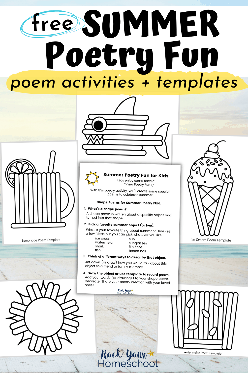 Summer Poetry Fun activities for shape poems and templates to feature the fantastic poetry fun you\'ll have with this free pack of poetry fun for kids activities