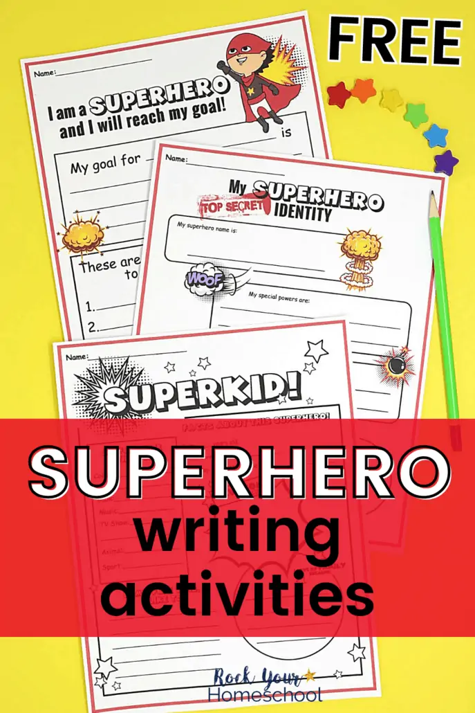 Superhero writing prompts pages with rainbow of star mini-erasers &amp; neon green pencil to feature the fantastic creative fun your kids will have with this free superhero writing prompts &amp; activities pack