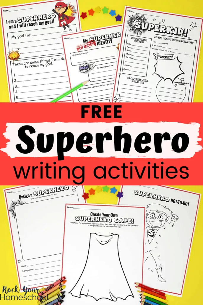 Superhero writing prompts pages and activities with rainbow of star mini-erasers, crayons, & color pencils to feature the fantastic creative fun your kids will have with this free superhero writing prompts & activities pack