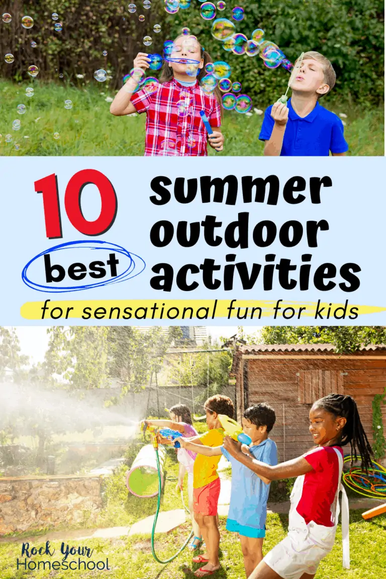 Kids blowing bubbles outside & kids spraying hoses & playing in the water to feature the 10 best summer outdoor activities for sensational fun
