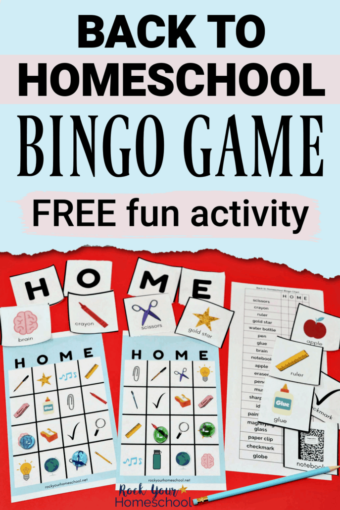 Back to Homeschool Bingo Game cards with light blue pencil to feature the amazing fun you'll have playing this free printable game for kids
