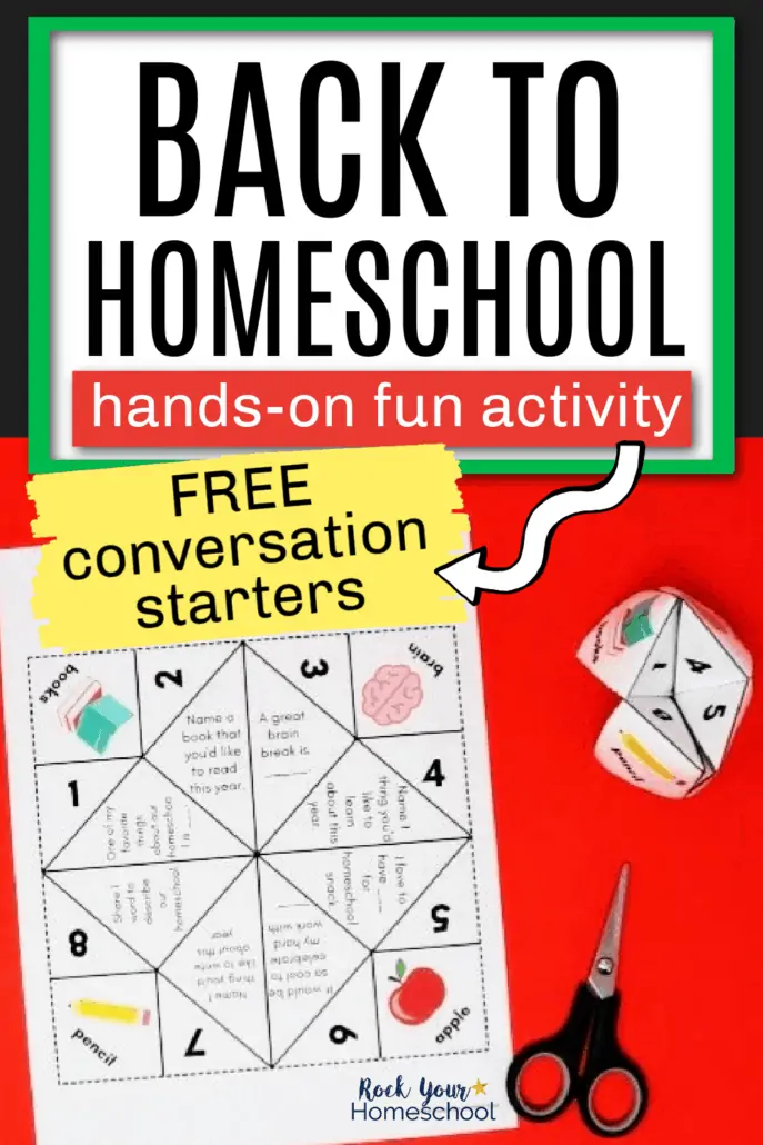 Back to homeschool conversation starters printable page and folded cootie catcher with scissors to feature the tremendous fun you\'ll have with your kids using these free homeschool printables for fun chats about homeschooling