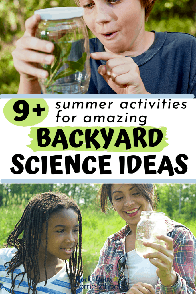 Boy amazed as he looks in a jar with leaves and insect and mom with daughter looking in jar in backyard to feature how much summer fun you\'ll have with your kids for these backyard science ideas