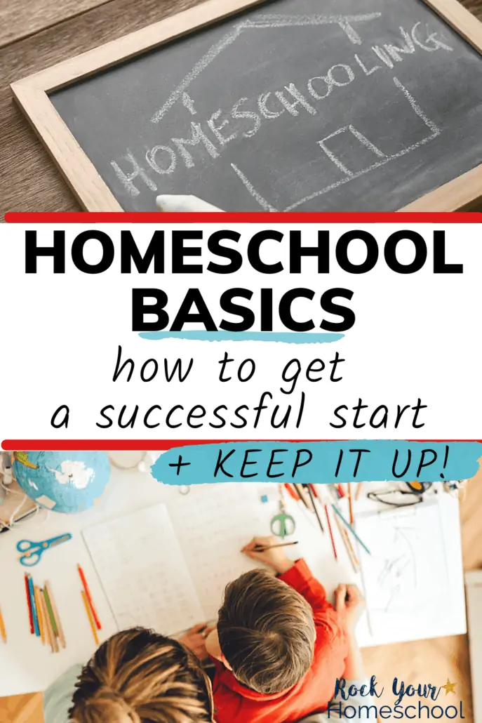 HOMESCHOOLING written in white chalk on blackboard and mom helping her son with school work to feature how these essential tips and tricks for homeschool basics can help you get a success start to homeschooling