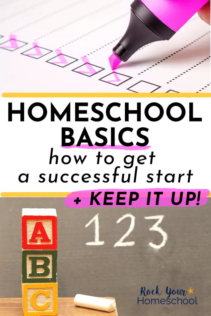 Pink highlighter with checkboxes and stack of wood blocks in ABC with 123 in white chalk on blackboard to feature how these homeschool basics will help you get a successful start to your learn at home adventures