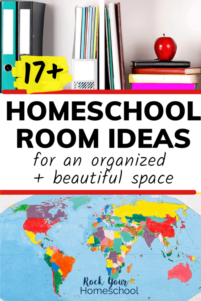 Shelves with books, binders, and folders and world map to feature how you can use these homeschool room ideas to optimize your homeschooling areas