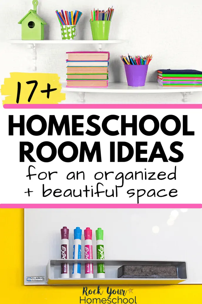 Shelves with books and school supplies on white wall and whiteboard with dry erase markers with eraser to feature how these homeschool room ideas can inspire you to create an outstandingly organized and beautiful homeschool area