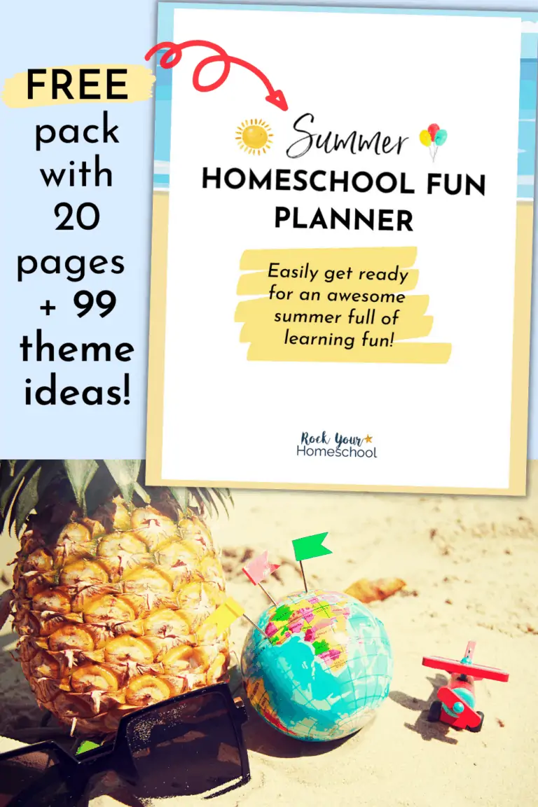 Summer Homeschool Fun Activities Planner Pack cover with pineapple, sunglasses, toy globe, flags, & toy airplane on sand to feature how you can use this free homeschool planner pack to plan and prepare for a summer full of fantastic learning fun with your kids