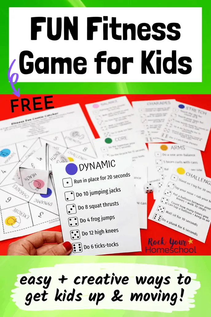 Woman holding fitness game card for dynamic exercises with free printable game cards and pieces in background with dice to feature the fantastic fitness fun your kids will have using this creative activity set