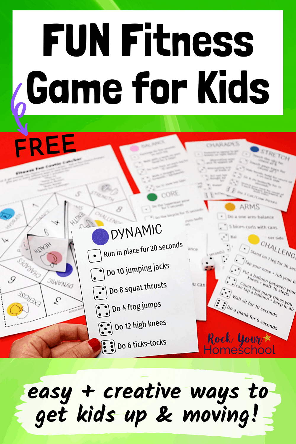 Woman holding fitness game card for dynamic exercises with free printable game cards and pieces in background with dice to feature the fantastic fitness fun your kids will have using this creative activity set