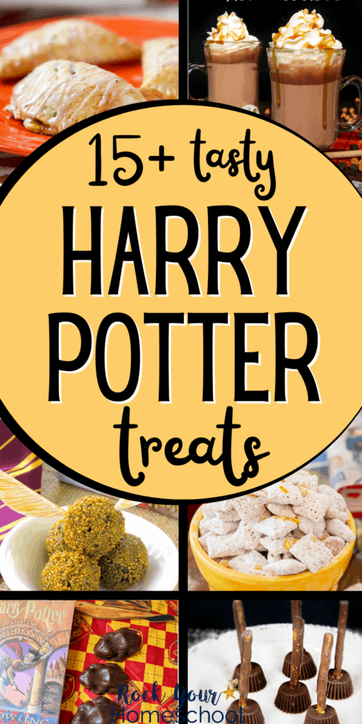 Variety of Harry Potter treats like pumpkin pasties, hot chocolate butterbeer, Golden Snitch truffles, chocolate frogs, and broomsticks to feature how you can use these yummy goodies to make your Harry Potter party or celebration extra special