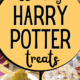 Variety of Harry Potter treats like pumpkin pasties, hot chocolate butterbeer, Golden Snitch truffles, chocolate frogs, and broomsticks to feature how you can use these yummy goodies to make your Harry Potter party or celebration extra special