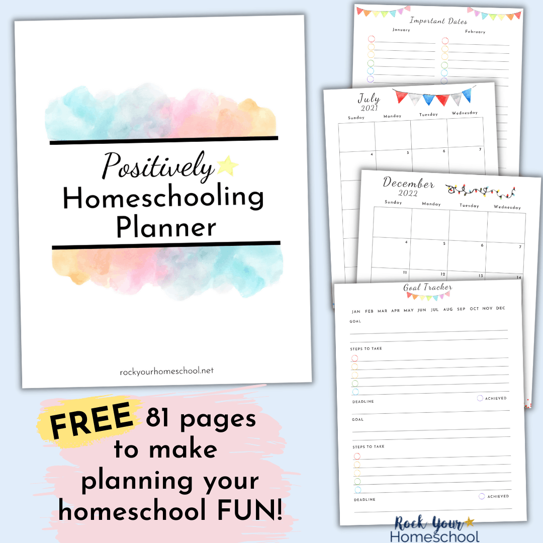 The Positively Homeschooling Planner is a free resource that helps make your homeschool planning fun. With 81 pages, you'll be able to get a successful start to your homeschool year.
