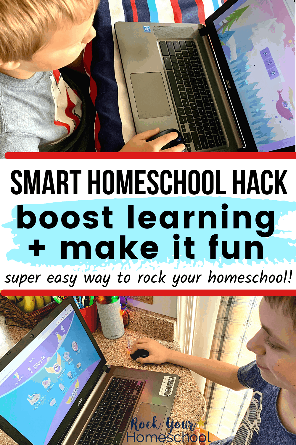 Young boy using online learning program on laptop and tween boy smiling while using laptop to feature how you can benefit from this smart homeschool hack featuring Reading Eggs