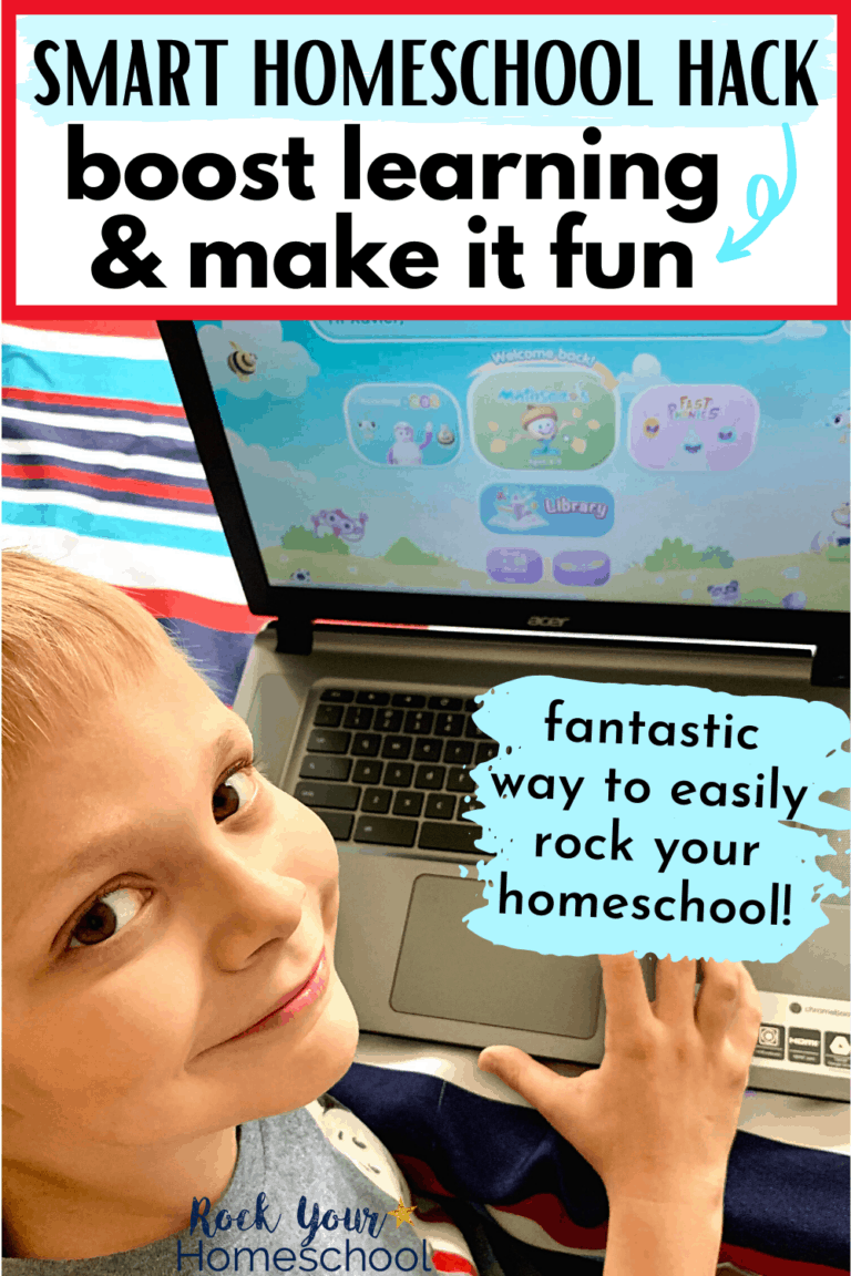 Young boy smiling at laptop to feature how you can use Reading Eggs (Reading Eggspress, Fast Phonics, Reading Eggs Junior, and Mathseeds) as smart homeschool hacks to easily boost learning and make it fun