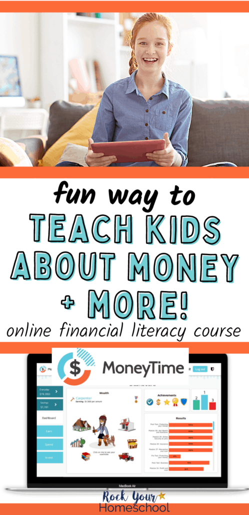 Smiling girl holding tablet and MoneyTime dashboard screen on desktop to feature how you can easily use this online financial literacy course to effectively help your kids learn these essential life skills