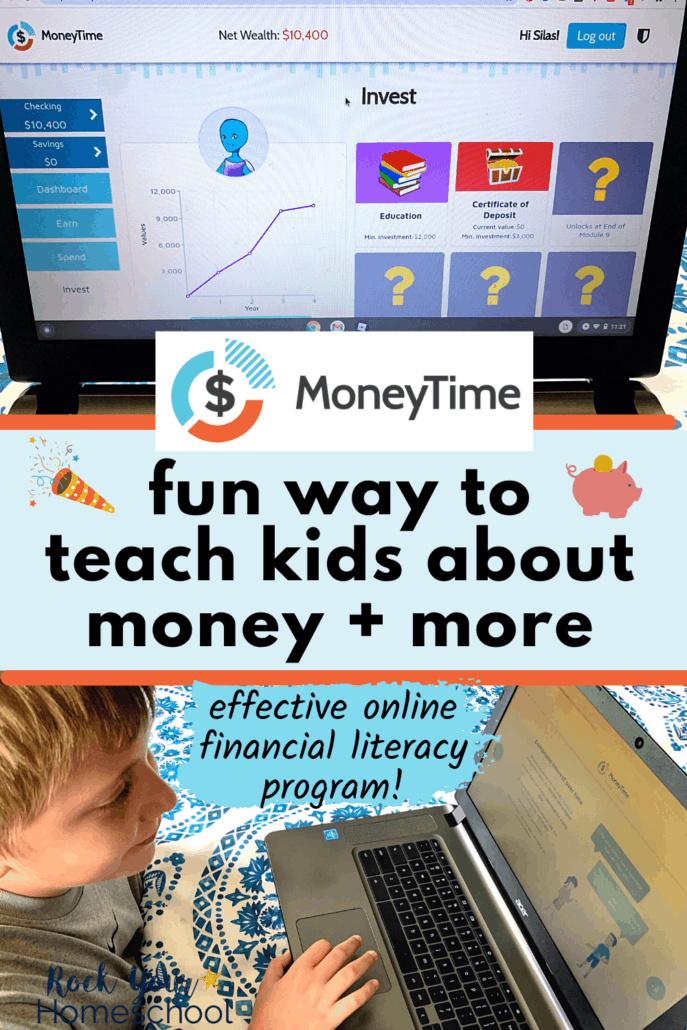 Laptop with Invest module of MoneyTime & boy smiling as he learns about finances to feature how you can use MoneyTime, an online financial literacy program, to help your kids have fun while learning these essential life skills