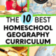Girl using magnifying glass to study globe, compass on map, magnifying glass & compass on older map, and globe to feature how you can use this list of the 10 best homeschool geography curriculum options to make a smart decision for your family